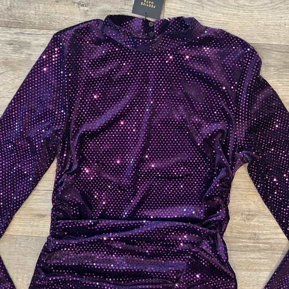 NWT ZARA Sparkly Purple Midi Long Sleeve Dress w Slit & Ruching keyhole back - Picture 9 of 17
